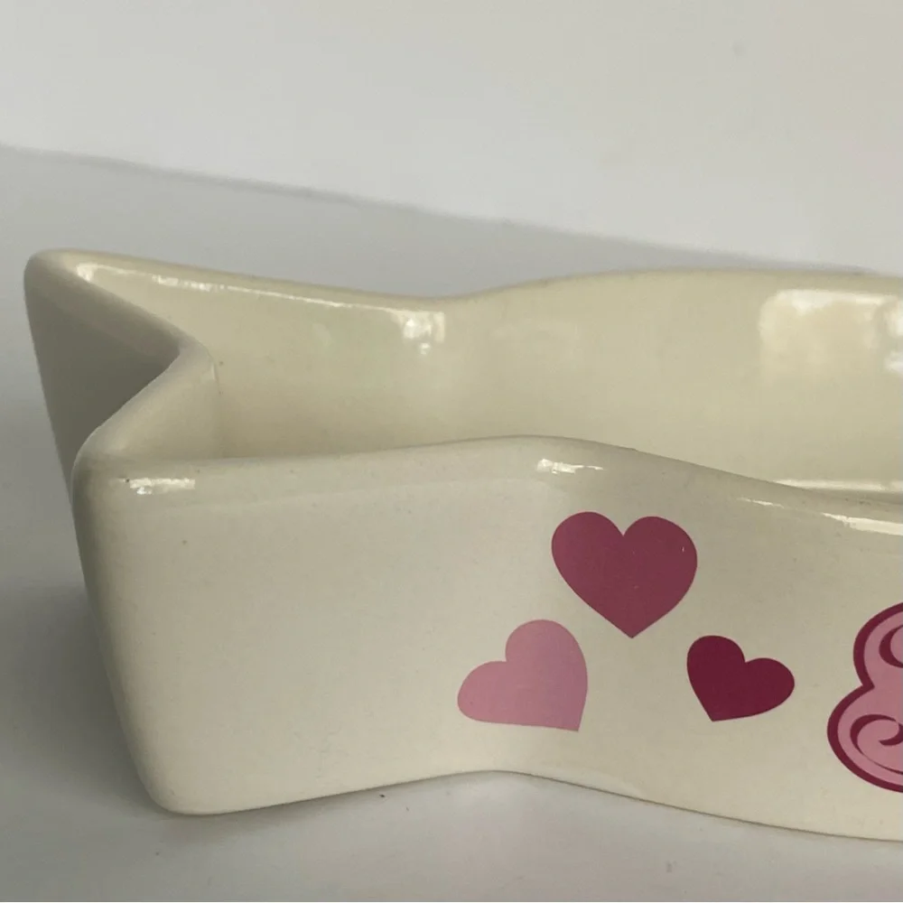 Cat Bowl Fish Shaped Ceramic “Pampered” White Pink. 8” Long Water Food Kitty
